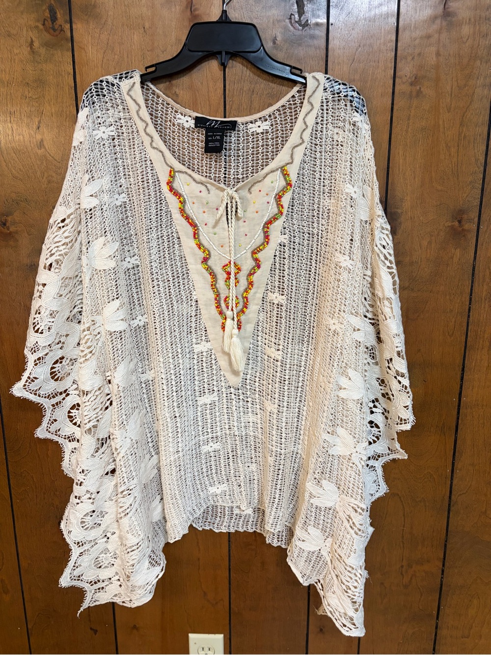 Midnight Velvet Cream Crochet Tunic with Beaded V-Neck